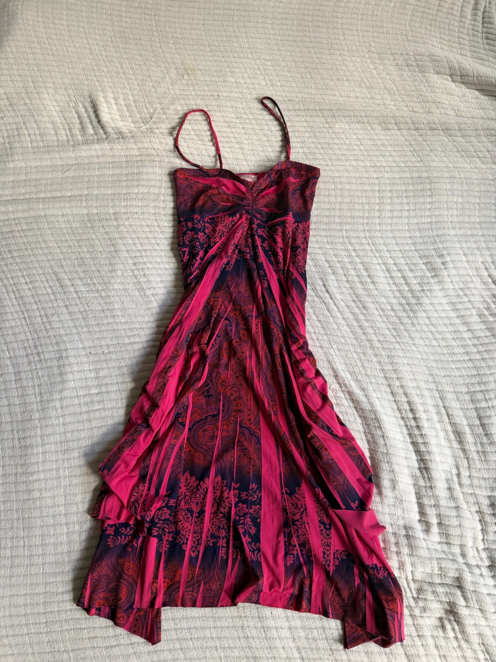 Yabes Y2K Pink Red Floral Paisley Slip Dress Handkerchief Hem Made in USA